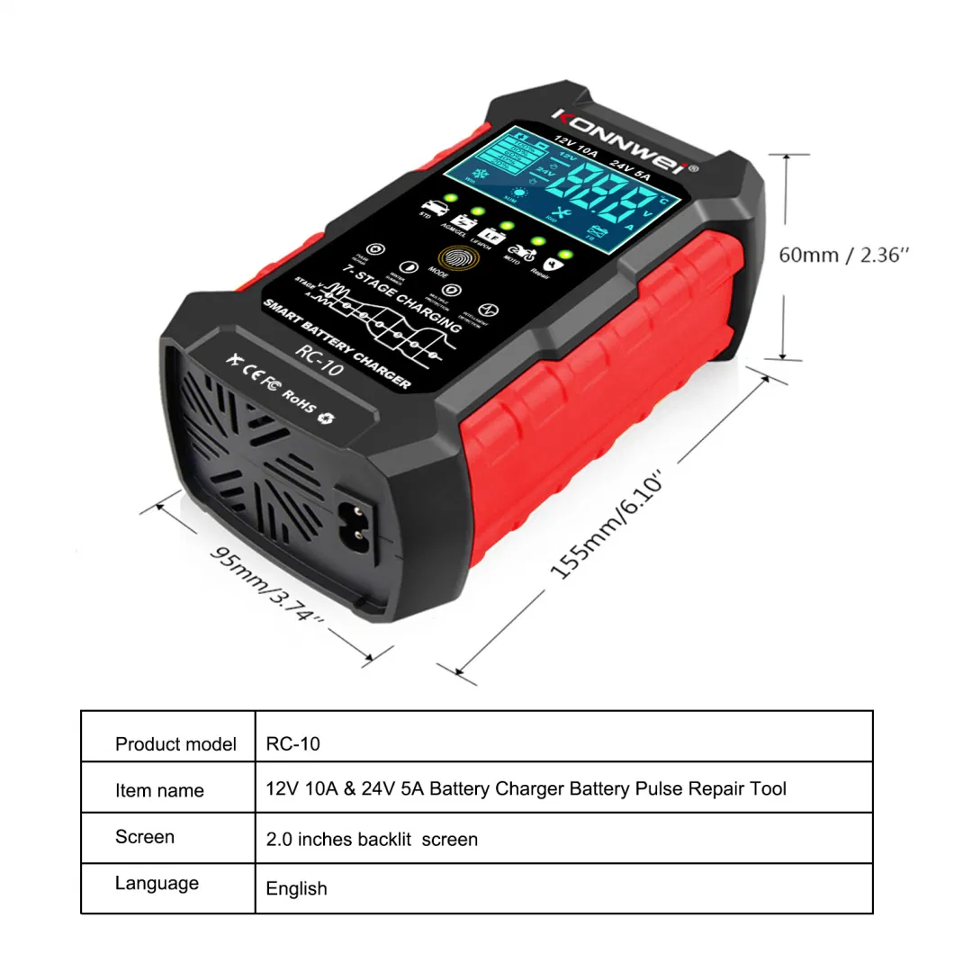 RC-10 12V/10A 24V/5A Smart Auto Battery Charger with Pulse Repair