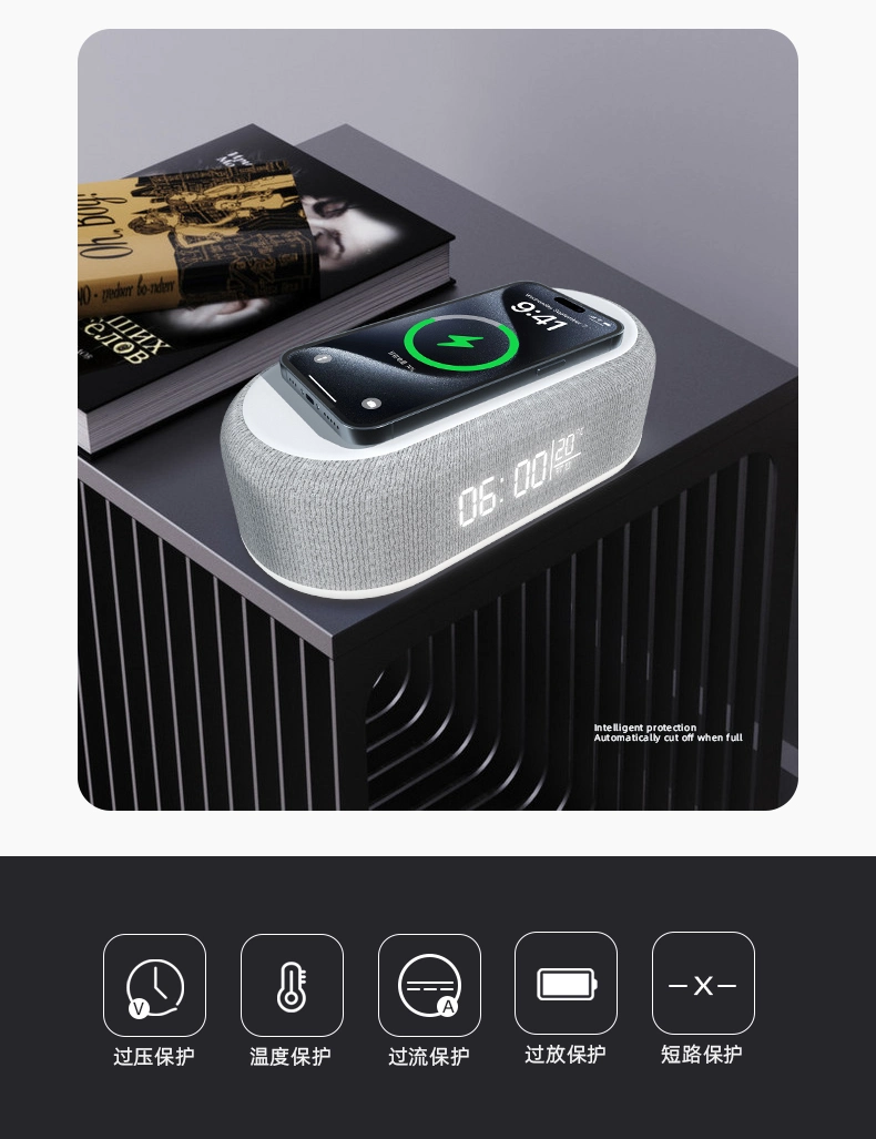 Portable Temperature Display Bt Speakers 18650 Battery Inside Charging Station Alarm Clock Wireless Charger with Night Light