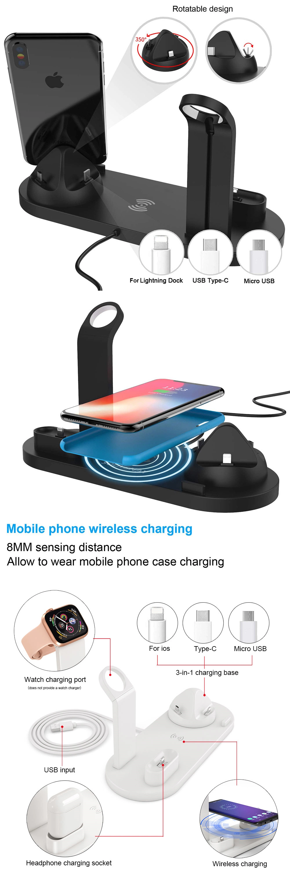 4 in 1 Wireless Fast Charger Power Supply/Phone Accessories/USB/Charger Smartwatch Charging Station Multi Charging Stand for Accessories for All Mobile Phone