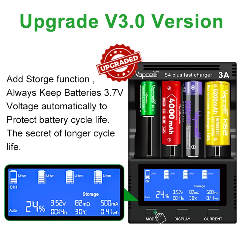 12A 4 Slots Smart Fast Battery Charger for Rechargeable Cell 21700 18650 26650 18500 AA Batteries