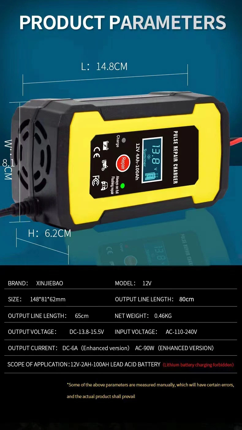 Automatic Portable Car Battery Charger 12V 6A Motorcycle Pulse Repair Trickle Charger for Gel AGM Lead Acid Battery