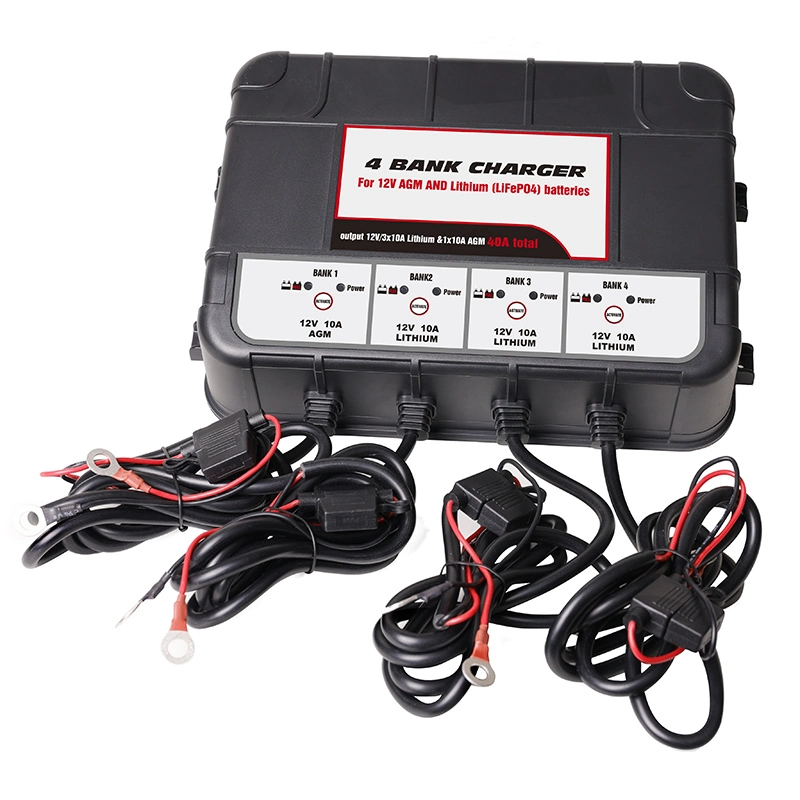 12V 4-Bank 40-AMP (10-AMP Per Bank) Fully-Automatic Smart Marine Charger on-Board Marine Lithium LiFePO4 Battery Charger