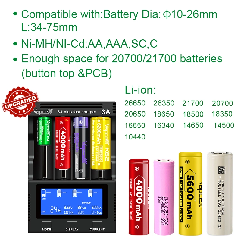 12A 4 Slots Smart Fast Battery Charger for Rechargeable Cell 21700 18650 26650 18500 AA Batteries