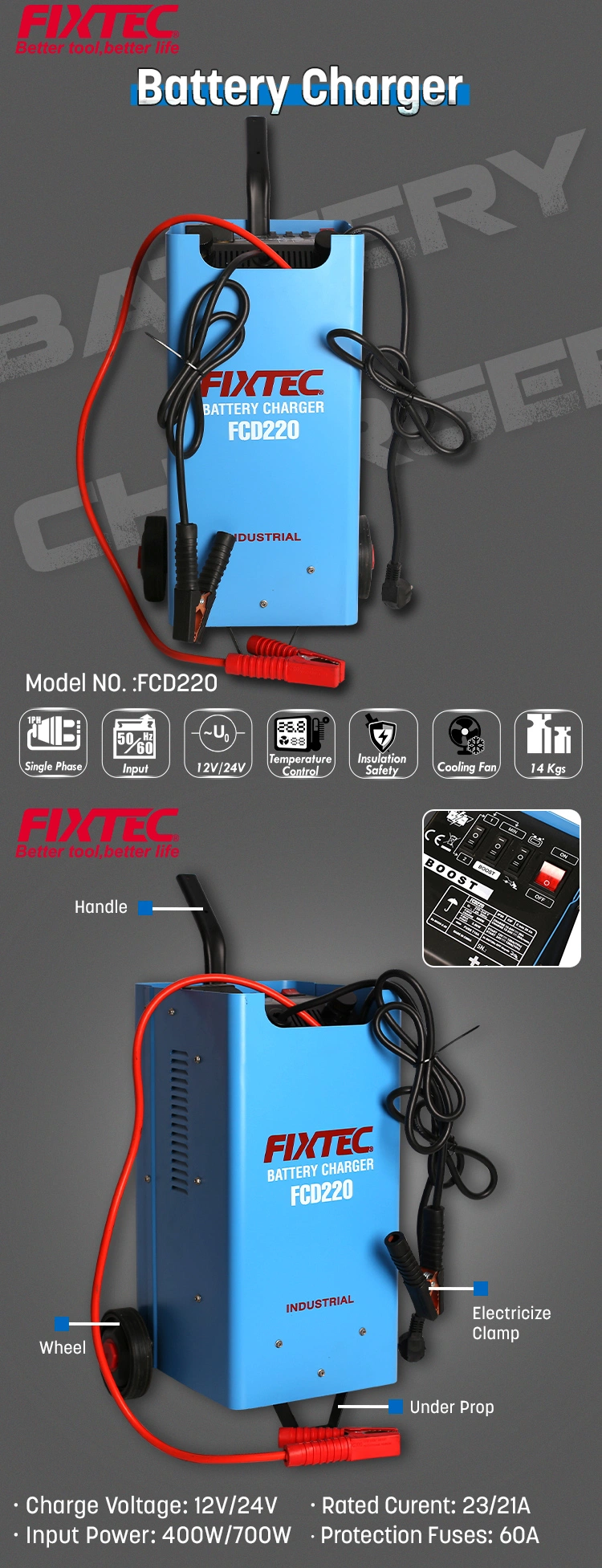 Fixtec China Wholesale Industrial Car Battery Charger 12V 24V Automatic Battery Charger Power Bank for Car Battery