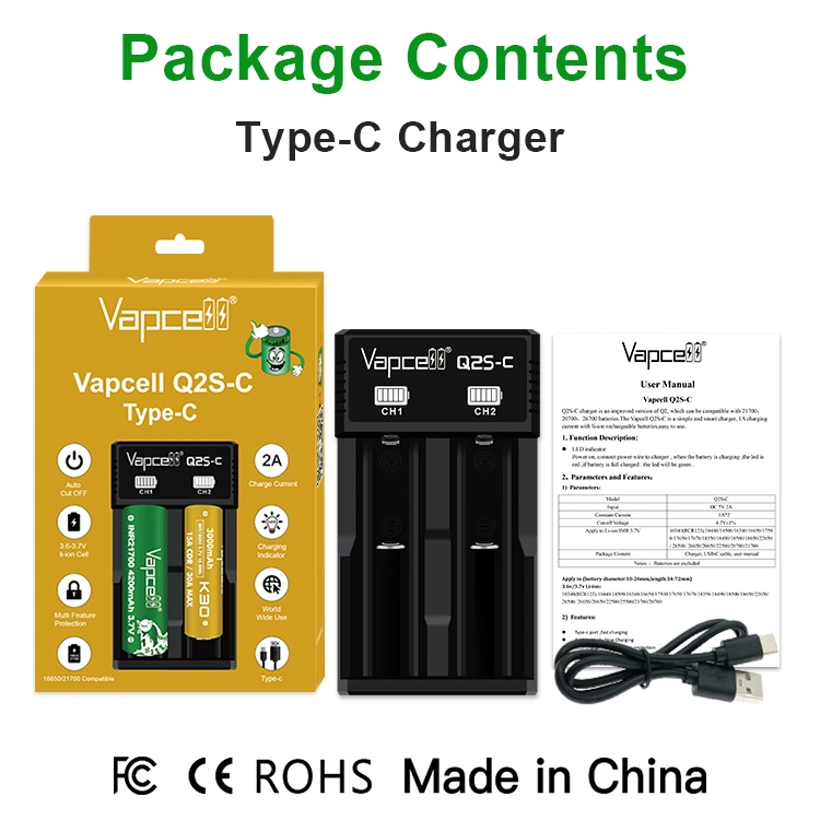 Lowest Price Vapcell Q2S-C 2 Slots Li Ion Battery Charger with Type - C for Battery 18650 21700 26650 14500