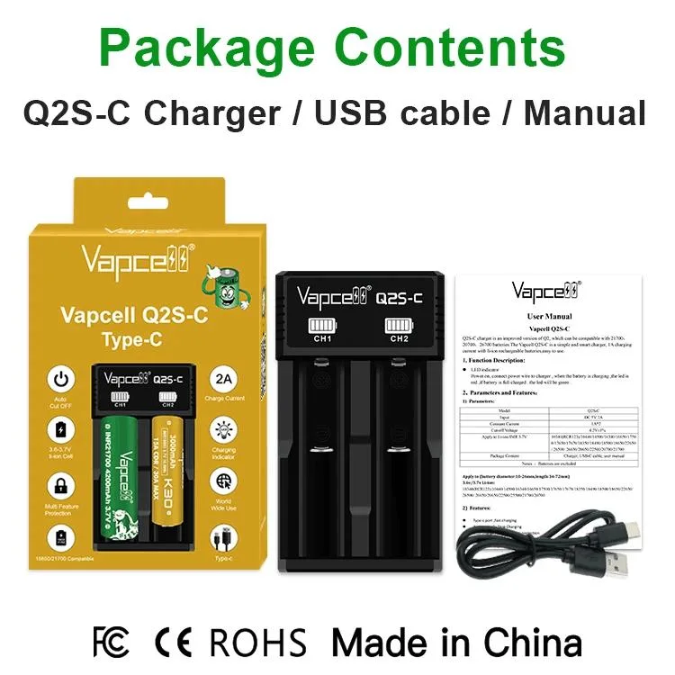 New Arrival Golden Supplier Vapcell Q2s-C Smart Charger Type-C Port for 18650 21700 Lithium Ion Battery Charger