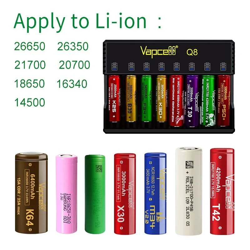 Hot Sell Vapcell Q8 Smart Charger 8 Slots Automatic Battery Charger For18650 26650 21700 20700 Rechargeable Lithium Ion Battery