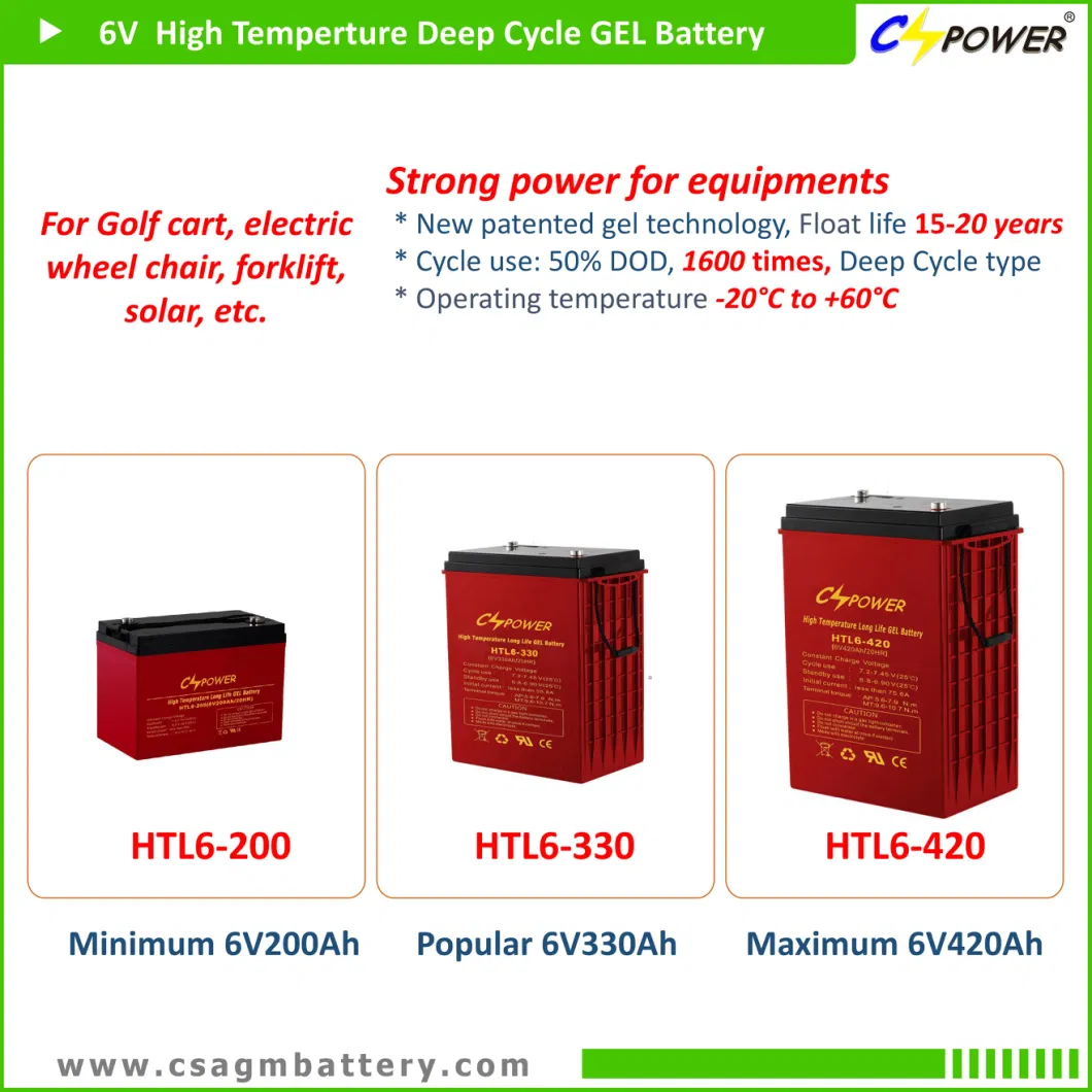 Cspower 6V310ah VRLA Mf High/Cold-Temp Deep Cycle Gel Battery Long Life Charge