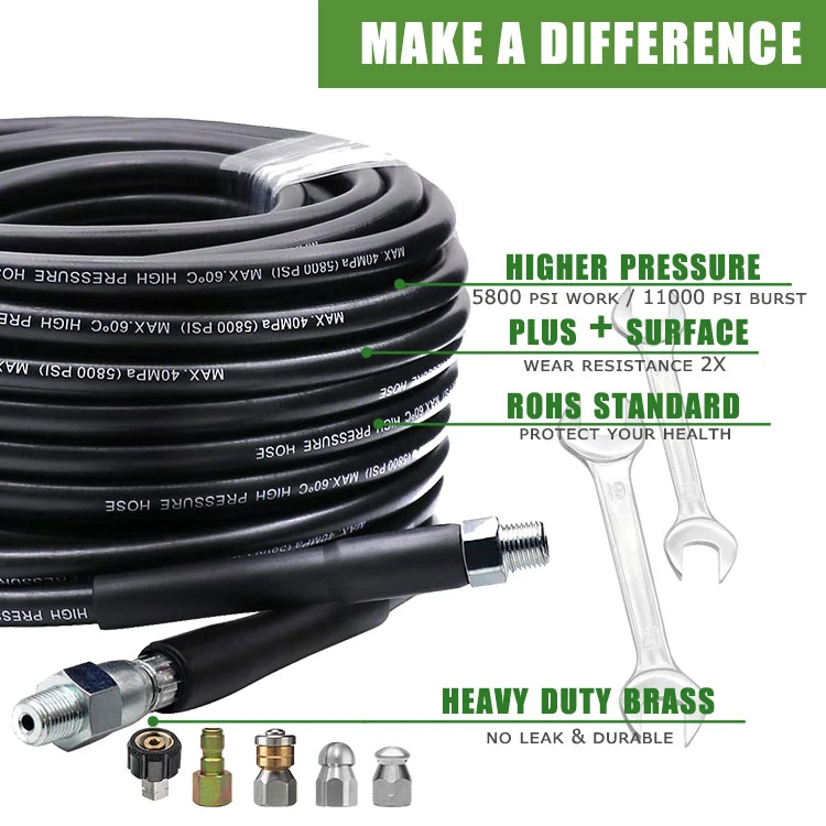 100 FT Pressure Washer Hose 1/4 Inch NPT Button Nose and Rotating Sewer Jetting Nozzle Kit