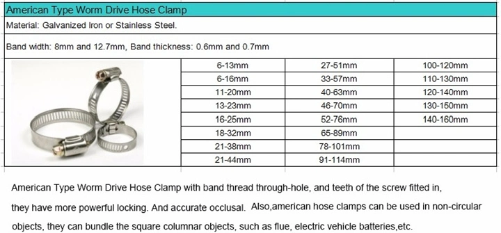 American Type Worm Drive Adjustable Clamping Ring Spring Stainless Steel Hose Clamp Set