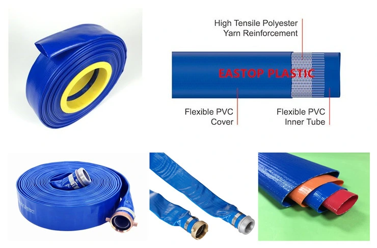PVC Blue Lay Flat Discharge Water Hose Pipe Assembly with Coupling Clamp 1 2 3 4 5 6 8 10 16 Inch for Pool Pump Farm Agriculture Irrigation