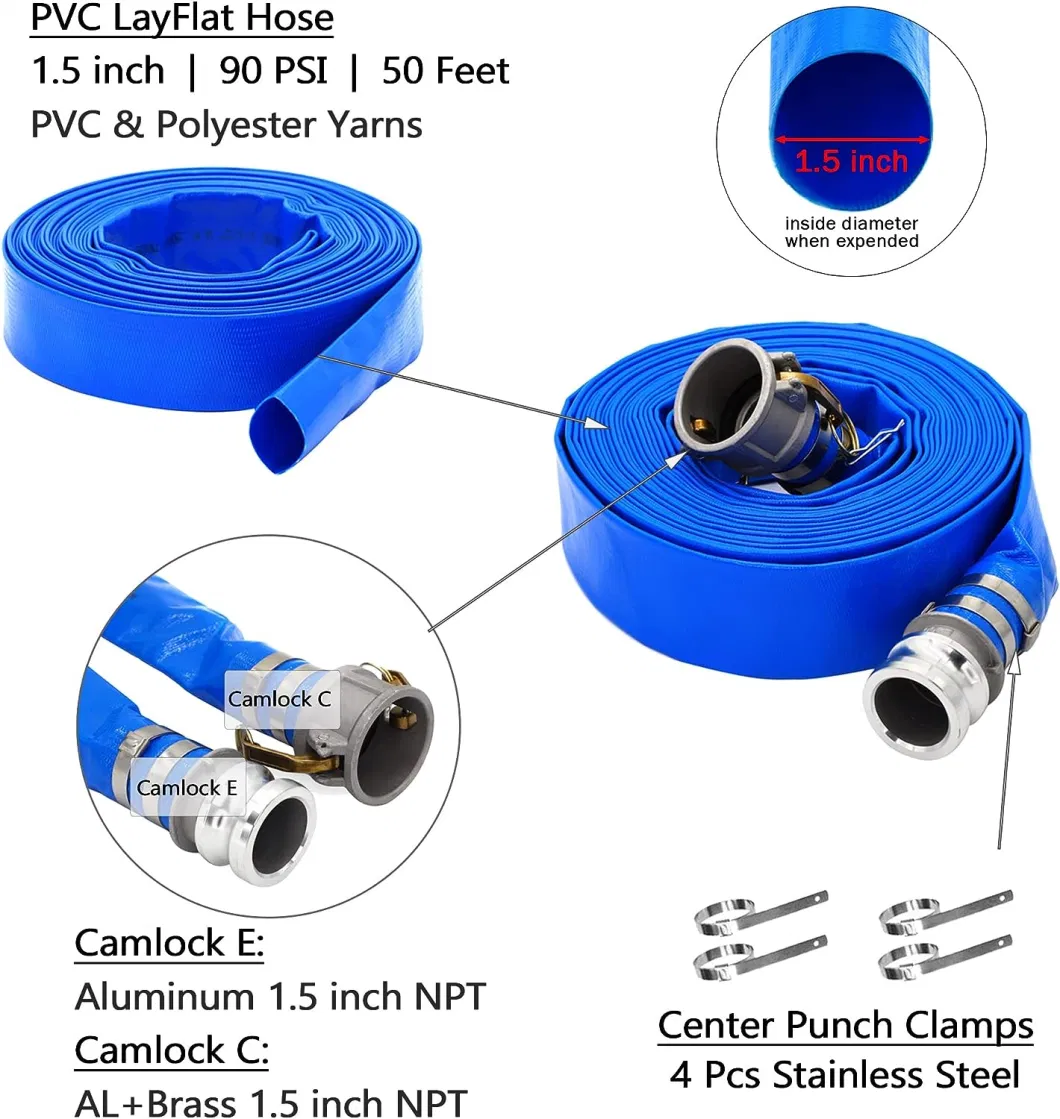 Blue Lay Flat PVC Discharge Hose Assembly with Aluminum Pin Lug Fittings