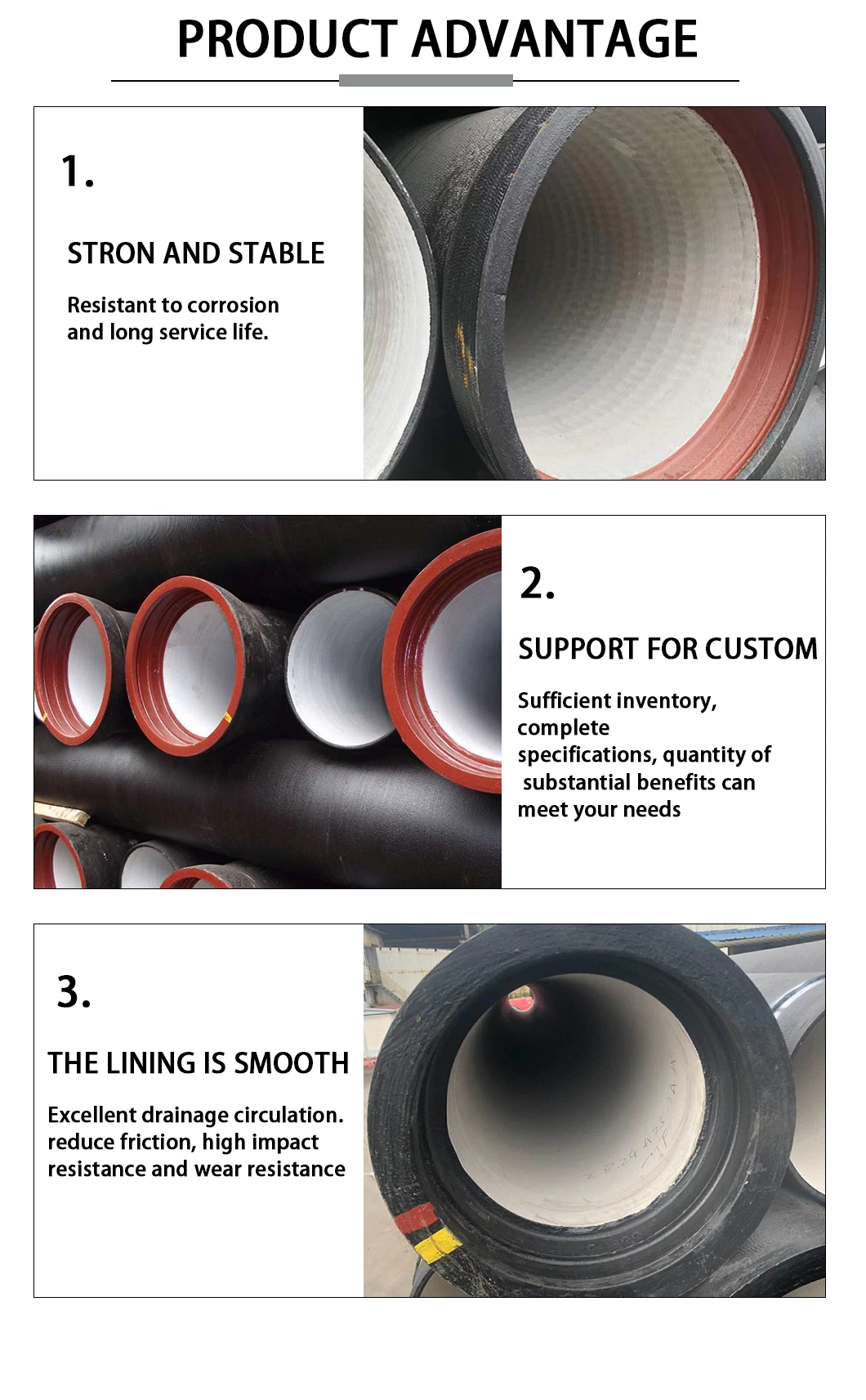 Factory Stock K9 C25 C30 C40 Class 450mm 800mm Ductile Iron Pipe for Sewage Disposal