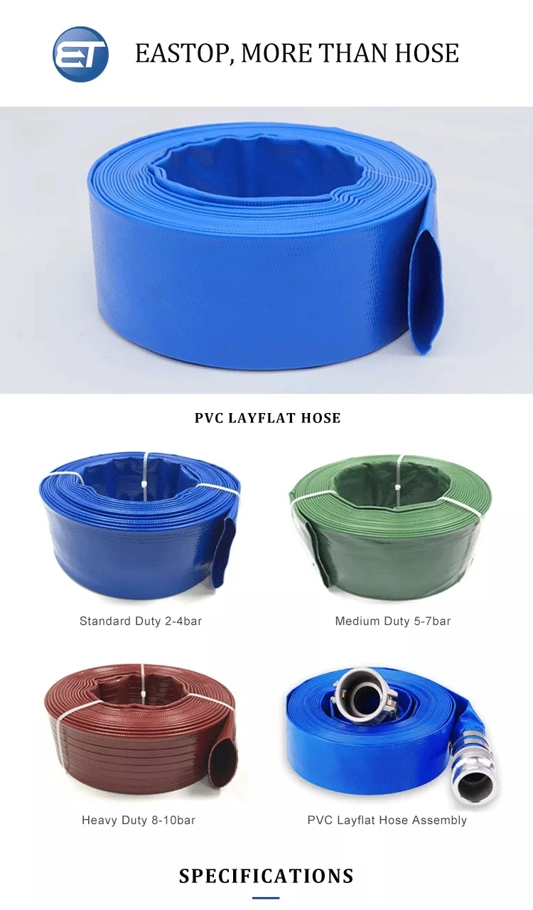 PVC Blue Lay Flat Discharge Water Hose Pipe Assembly with Coupling Clamp 1 2 3 4 5 6 8 10 16 Inch for Pool Pump Farm Agriculture Irrigation