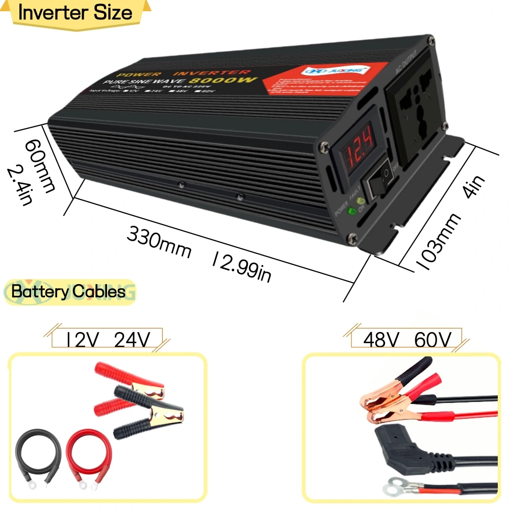 8000W Power Inverter DC 12V/24V/48V/60V to AC 220V Pure Sine Wave Voltage Converter Built in Transformer