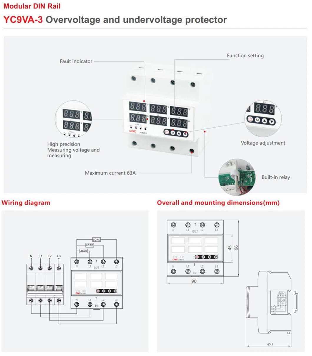 Yc9va-3 50/60Hz AC 230V Three Phase Over and Under Voltage Protector with Digital Indicator