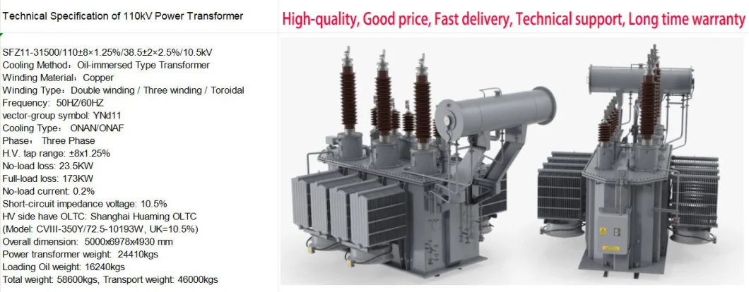 110kv High Voltage 20000 kVA 3-Phase Duplex Winding Oltc Electrical Power Transformer