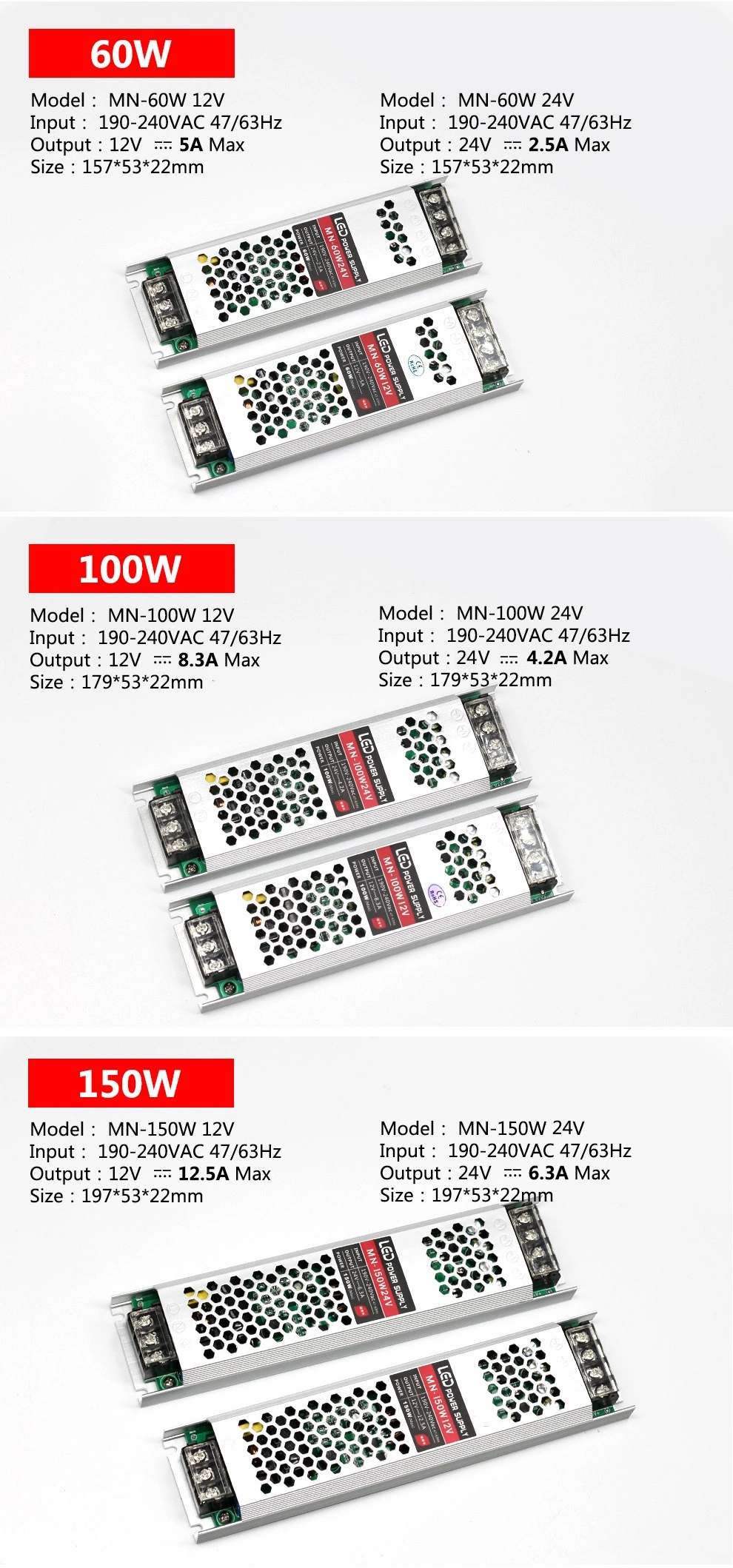 LED Driver 12V 24V 100W 150W 200W 300W 400W Power Supply AC110-240V Ultra Thin Lighting Transformers for LED Strip Lights