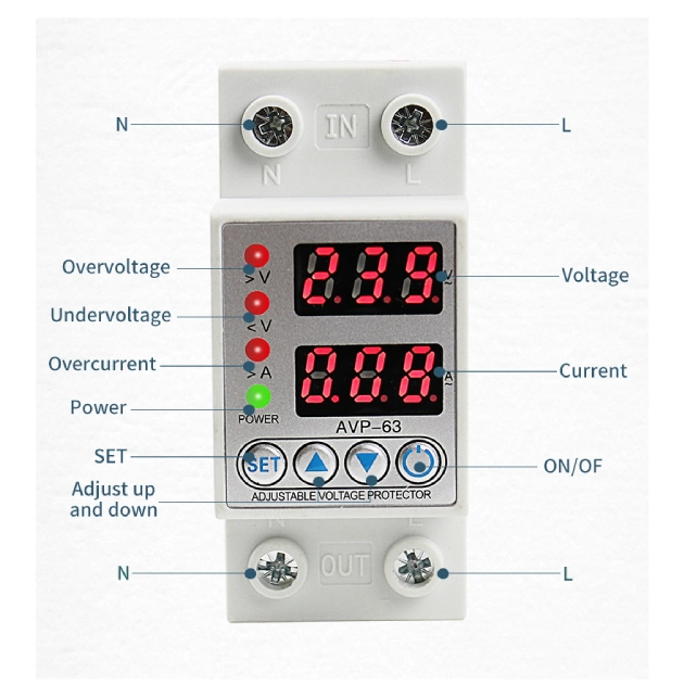 Digital Adjustable Over Under Voltage Protector Relay 2p 25A 32A 40A 50A 63A 80A 100A Delay Time Protector