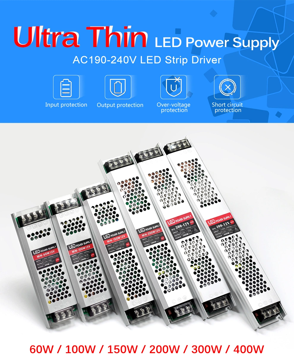 LED Driver 12V 24V 100W 150W 200W 300W 400W Power Supply AC110-240V Ultra Thin Lighting Transformers for LED Strip Lights