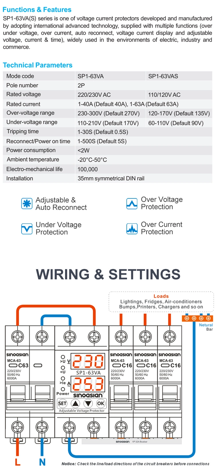 Manufacturer 2p 220/230V 1-63A Adjustable Over Under Voltage Current Protector