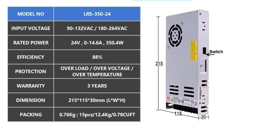 Meanwell Original New Lrs-350-12 Lrs-350-24 350W AC DC Switching Power Supply Transformer for LED