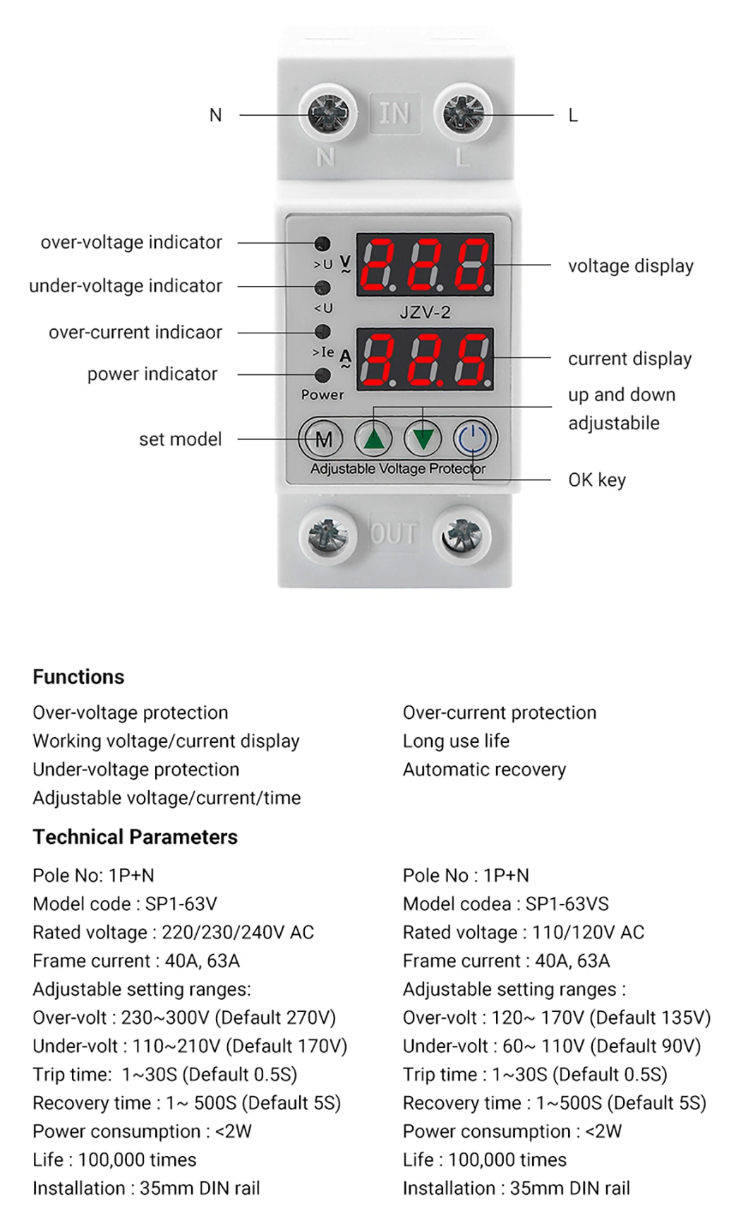 1-40A 1-63A Adjustable Automatic Over Under Voltage and Current Protector