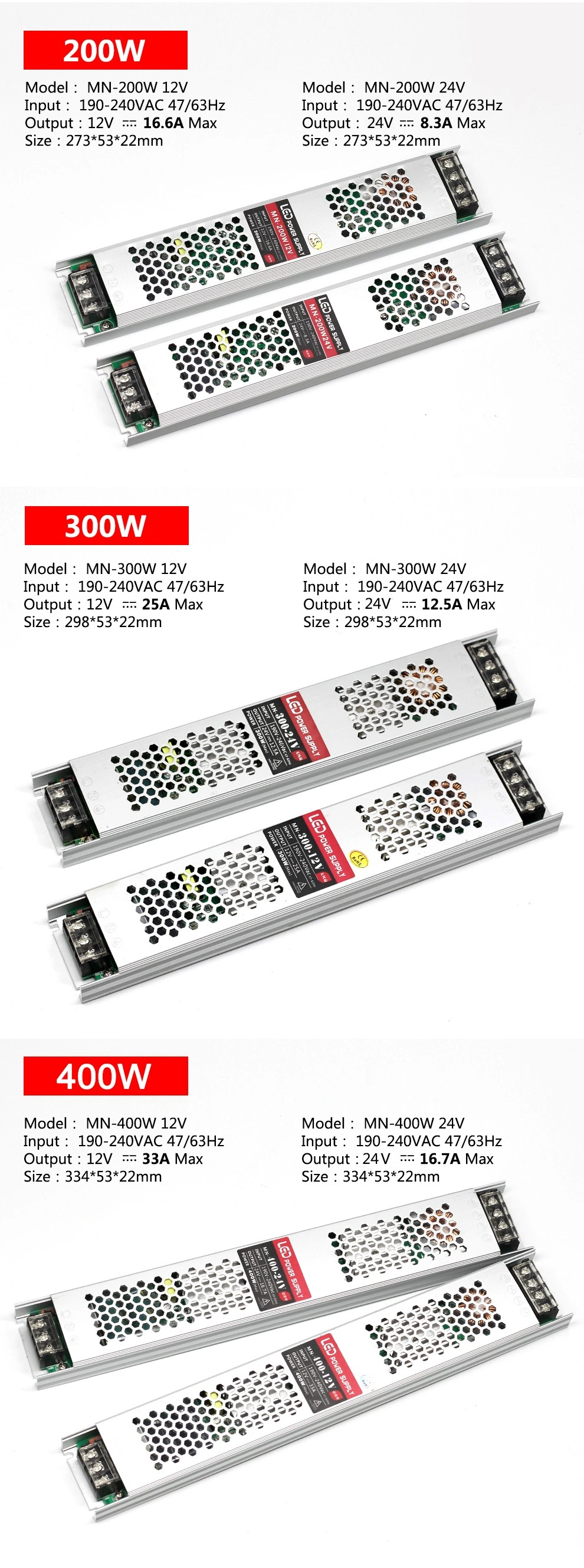 LED Driver 12V 24V 100W 150W 200W 300W 400W Power Supply AC110-240V Ultra Thin Lighting Transformers for LED Strip Lights