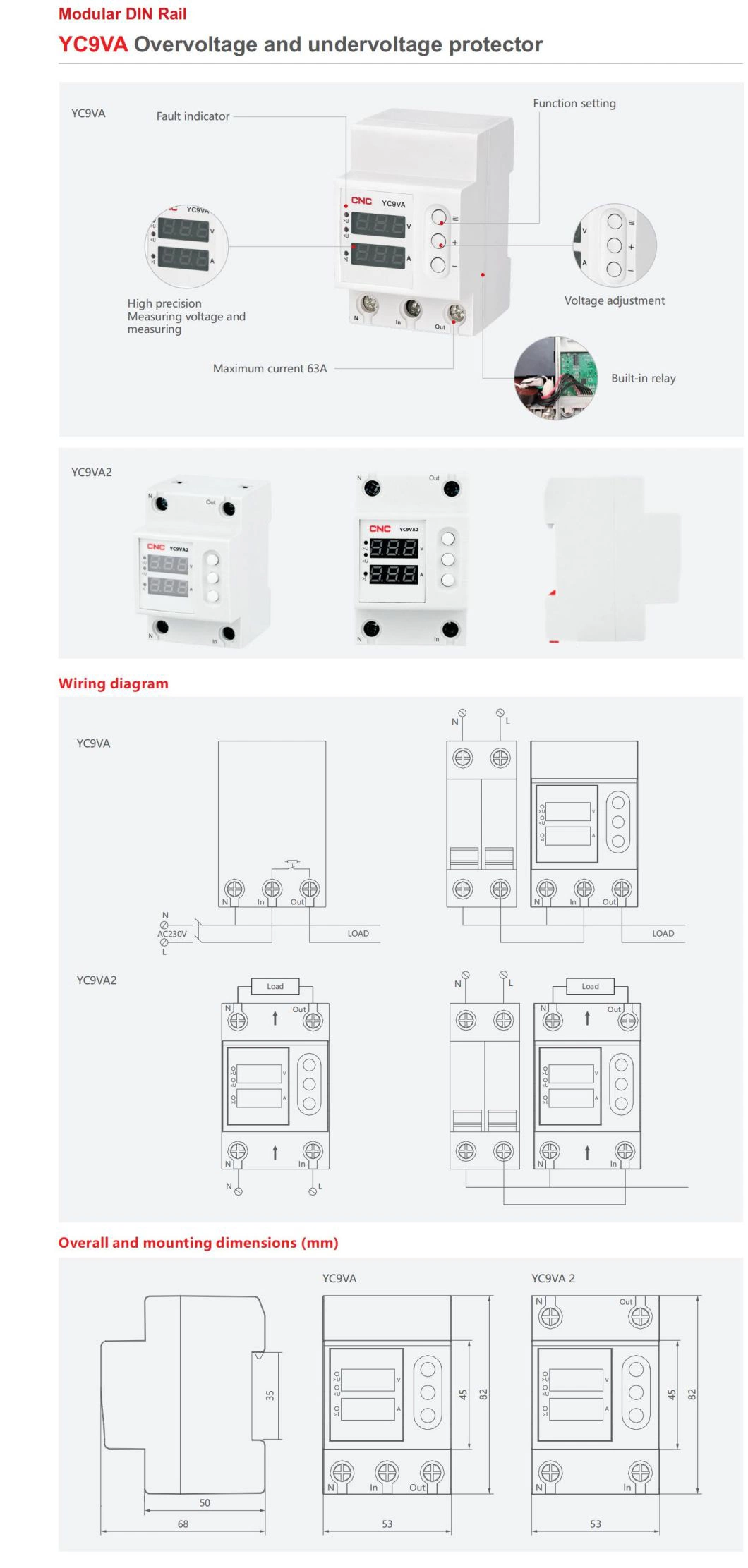 Yc9va Single Phase 1-63A Voltage Relay Adjustable Over Under Voltage Protector with LED Display