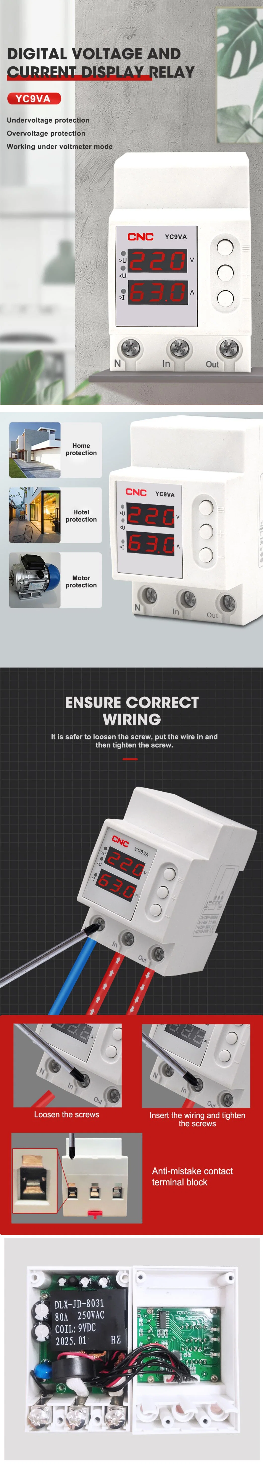 Yc9va Single Phase 1-63A Voltage Relay Adjustable Over Under Voltage Protector with LED Display