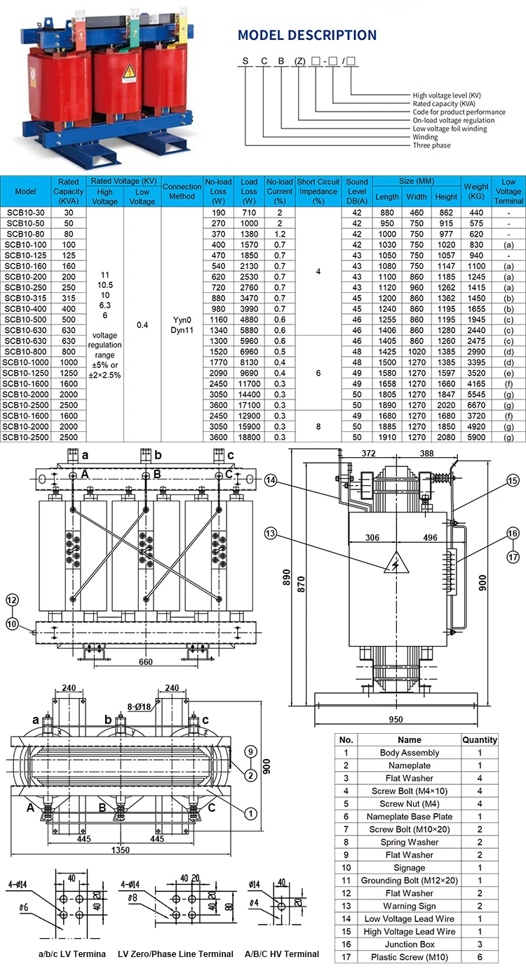 Scb10 200 kVA 10 Kv 400 V Low-Loss 3-Phase Cast-Resin Dry-Type Distribution Power Transformers