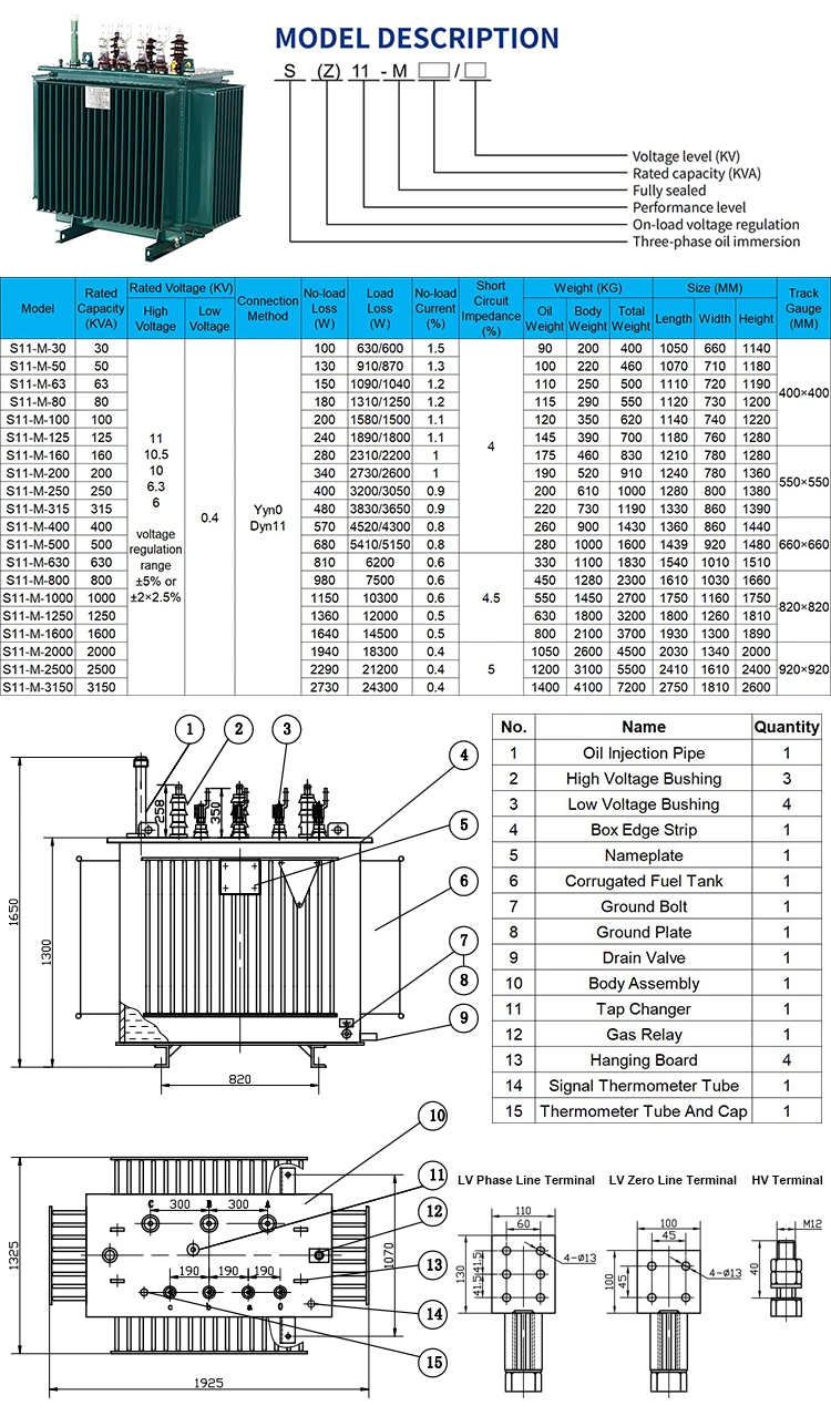 630 800 1000 1250 kVA 10kv 11kv 33kv 35kv Secondary Voltage 0.4kv 400V Three Phase Distribution Oil Immersed Transformer