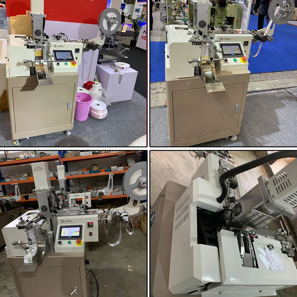 Fully Automatic 3 Types(End Fold, Center Mitre Fold) Garment Woven Tag Printed Label Cutting and Folding Machine for Satin Ribbon, Nylon Taffeta and Cotton Tape
