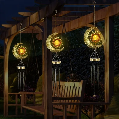 Solar Wind Chime Lights Moon Pentagram Sun Flame Wind Chimes Hollow Outdoor Garden Lights Decorative Lights