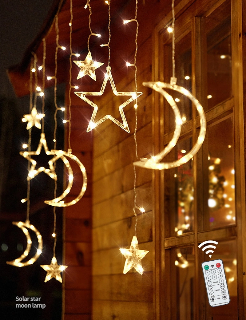 Home Wedding Decoration Light Solar Powered Moon Star RGBW LED String Curtain Lights with Remote Control Indoor Outdoor