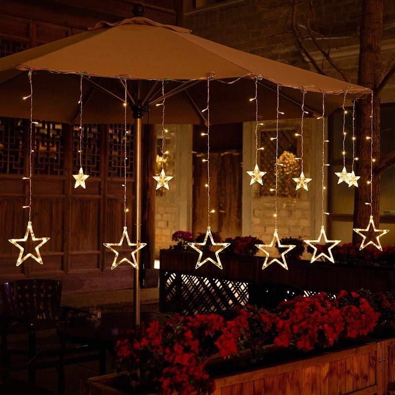 Home Wedding Decoration Light Solar Powered Moon Star RGBW LED String Curtain Lights with Remote Control Indoor Outdoor