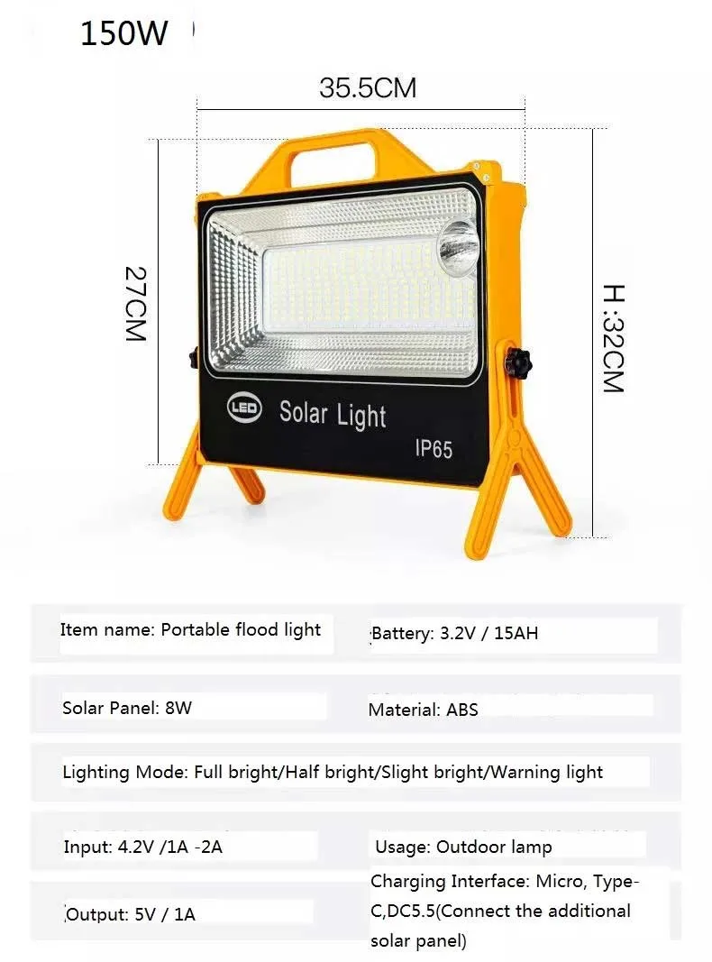 Factory Supply Portable ABS 150W 100W SMD Emergency Solar LED Floodlight