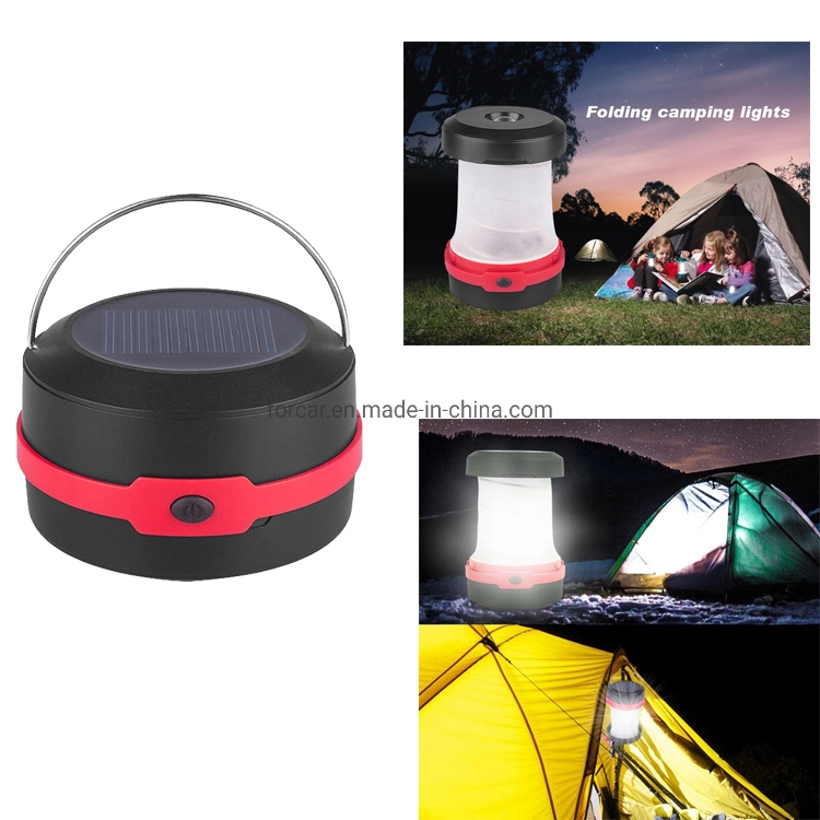 Folding Design Rechargeable Camp Tent Decoration Lighting Flash Warning Solar Camping Lamp with Metal Hanging Loop Portable LED Emergency Camping Light