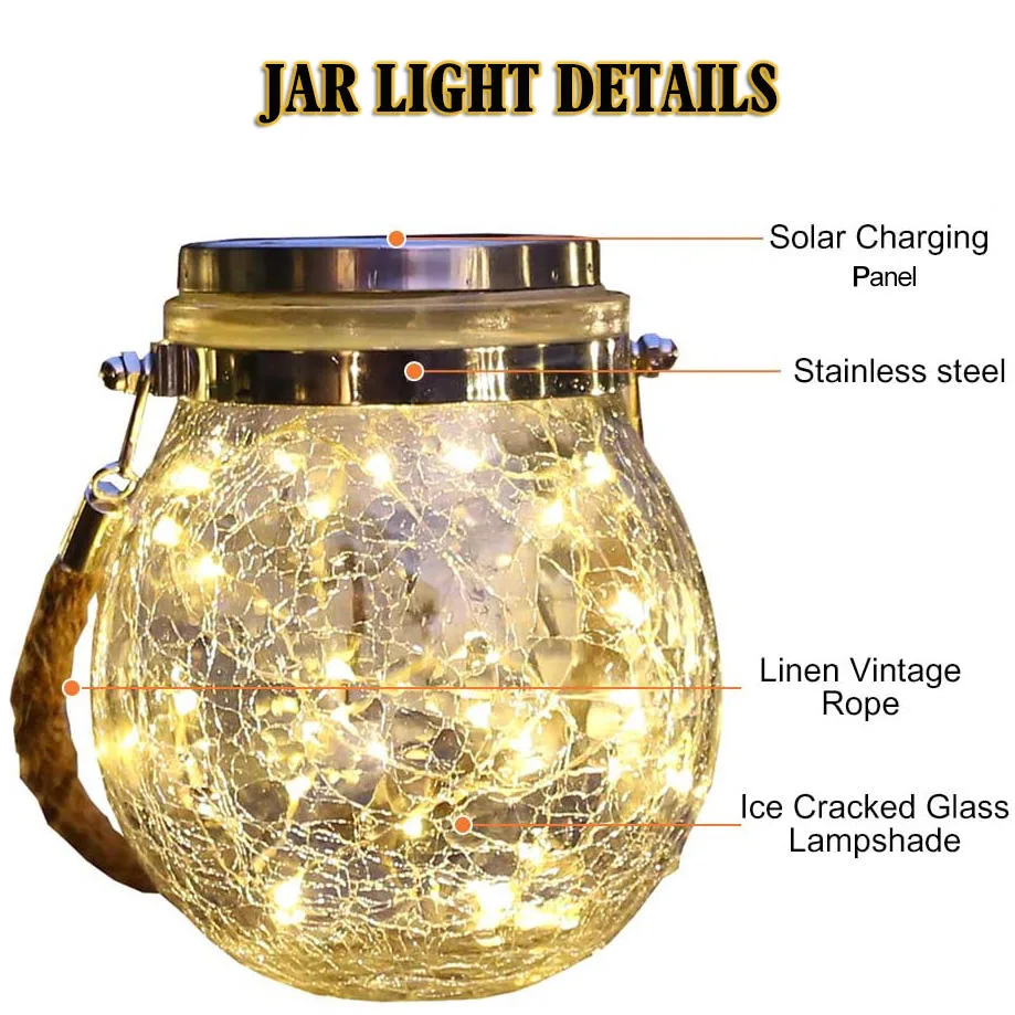 Solar Powered Cracked Glass Jar Hanging Light