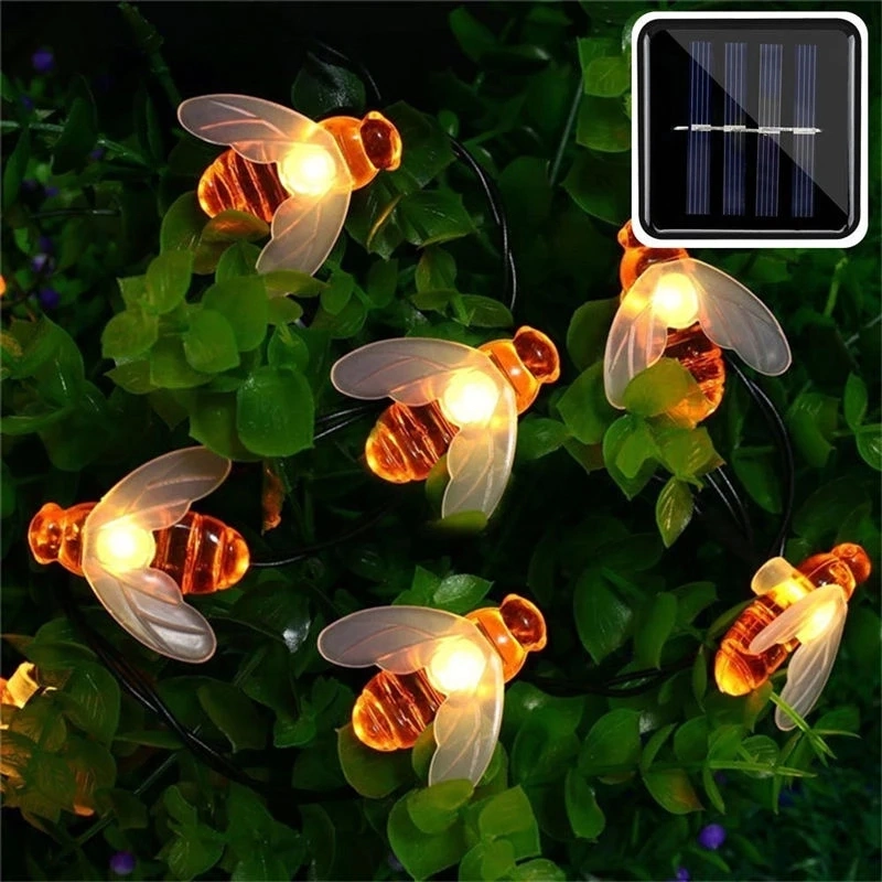 New Solar Powered Cute Honey Bee LED String Fairy Light 20 LEDs 50 LEDs Bee Outdoor Garden Fence Patio Christmas Garland Lights