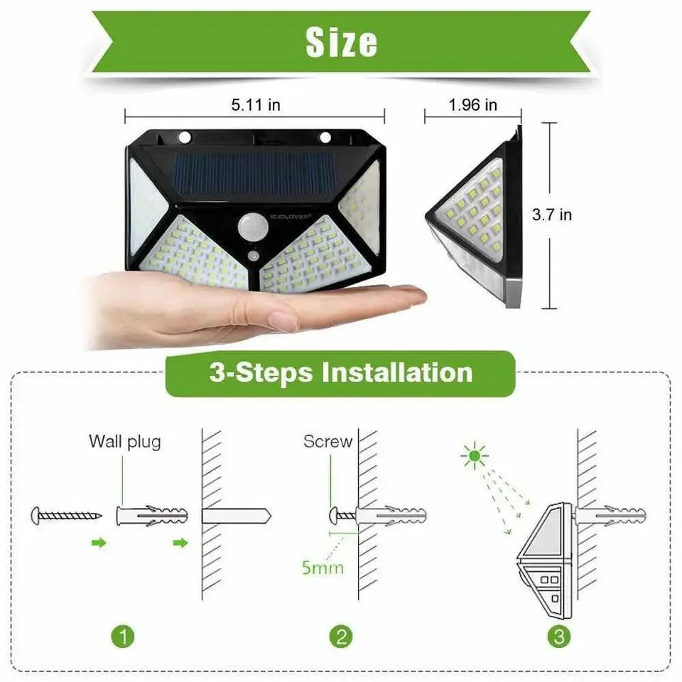 Waterproof 4 Sides Outdoor Solar Powered Lighting Wall Lamp 100LED Motion Sensor LED Solar Light for Backyard Garden Stair