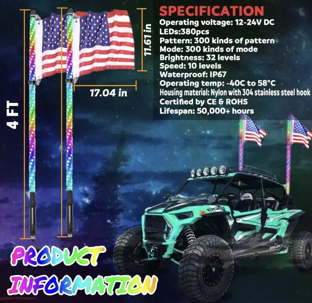 Multicolor Waterproof LED Buggy Whip 12V LED Lighting LED Flag Pole Whip Lights