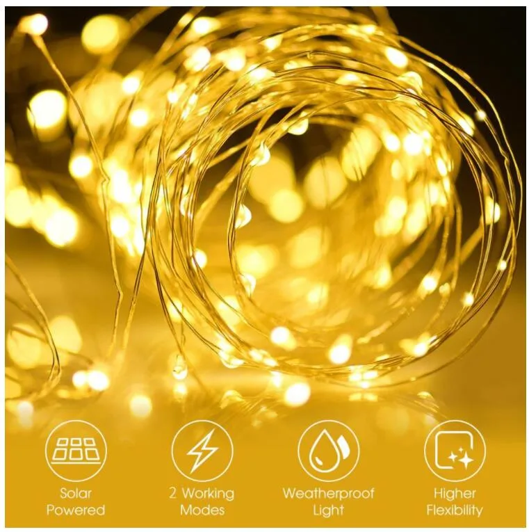 Party Garden Christmas String Copper Wire Fairy LED Solar Power Charging Outdoor Decorative Light Lamp