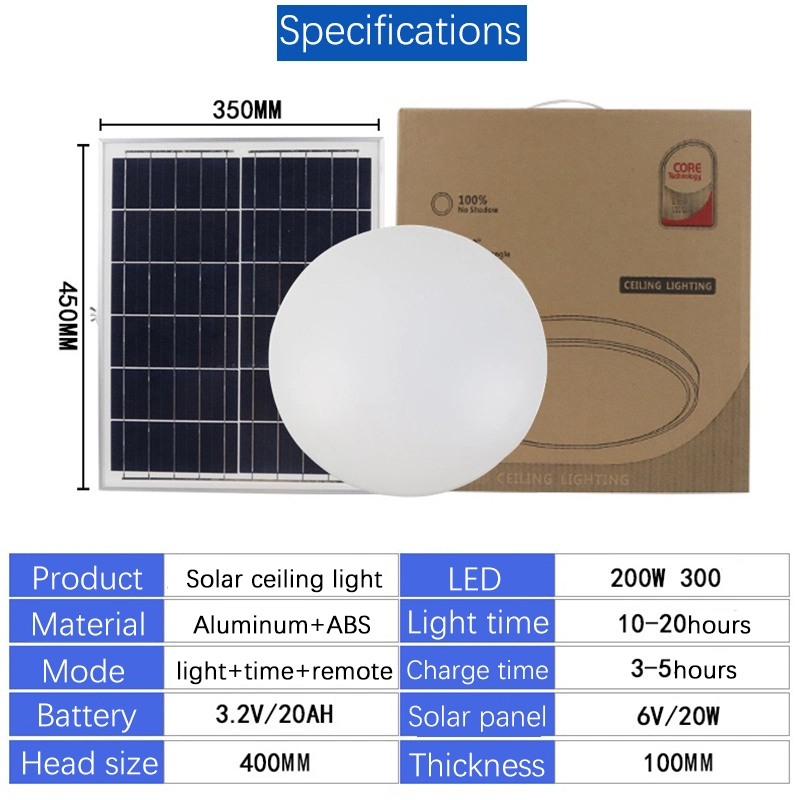 Waterproof LED Integrated 200W Emergency CE RoHS Listed Energy Saving Round Warm White Wall Solar Barn Ceiling Powered Light