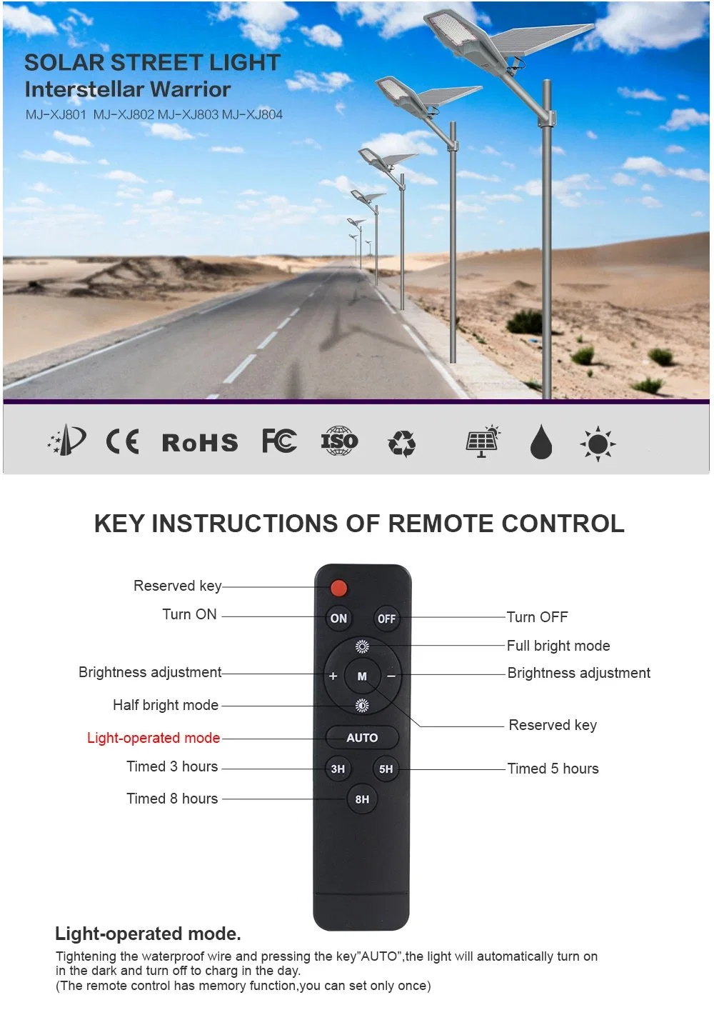 Factory Directly IP65 Sensor Outdoor Solar Street Light LED Light with Remote Control