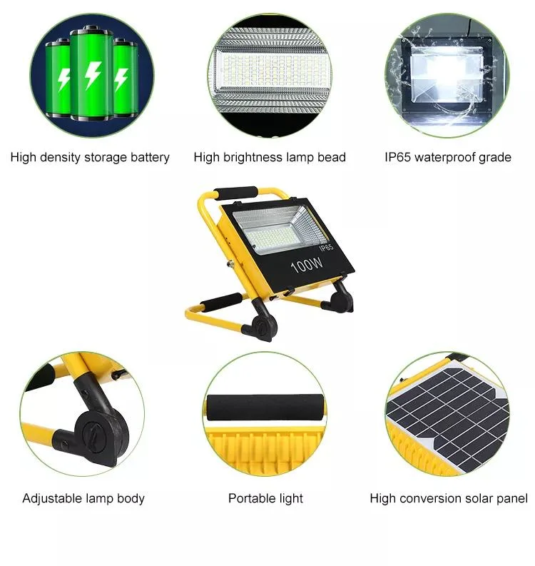 Portable DC Outdoor Waterproof IP65 100W Solar Charging or USB Charging LED Flood Light Emergency Rechargeavle for Camping or Fishing Outside