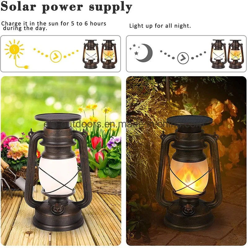 Wholesale High Grade Metallic Flame Retro Outdoor Waterproof LED Solar Powered Lantern with Stainless Steel Hanger