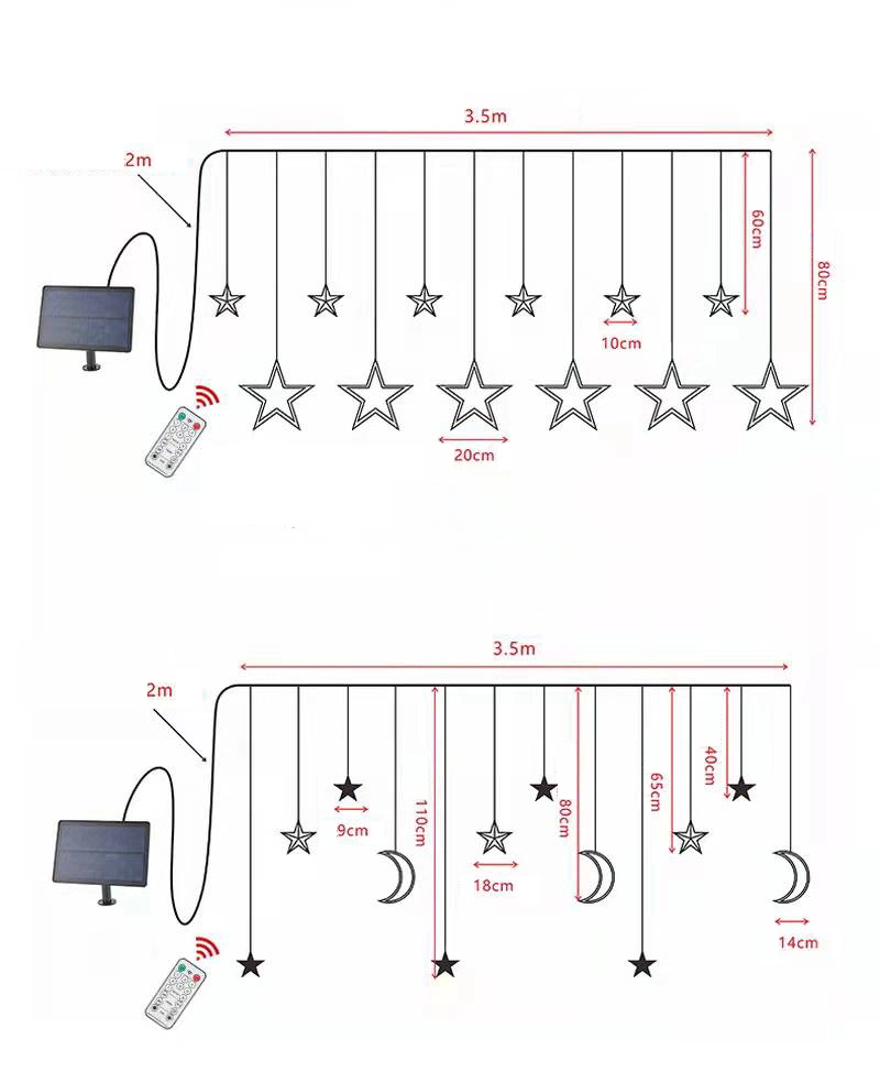 Home Wedding Decoration Light Solar Powered Moon Star RGBW LED String Curtain Lights with Remote Control Indoor Outdoor