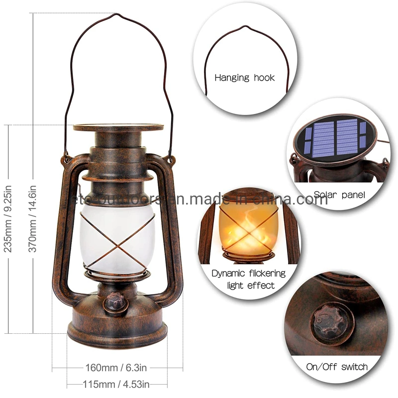 Wholesale High Grade Metallic Flame Retro Outdoor Waterproof LED Solar Powered Lantern with Stainless Steel Hanger