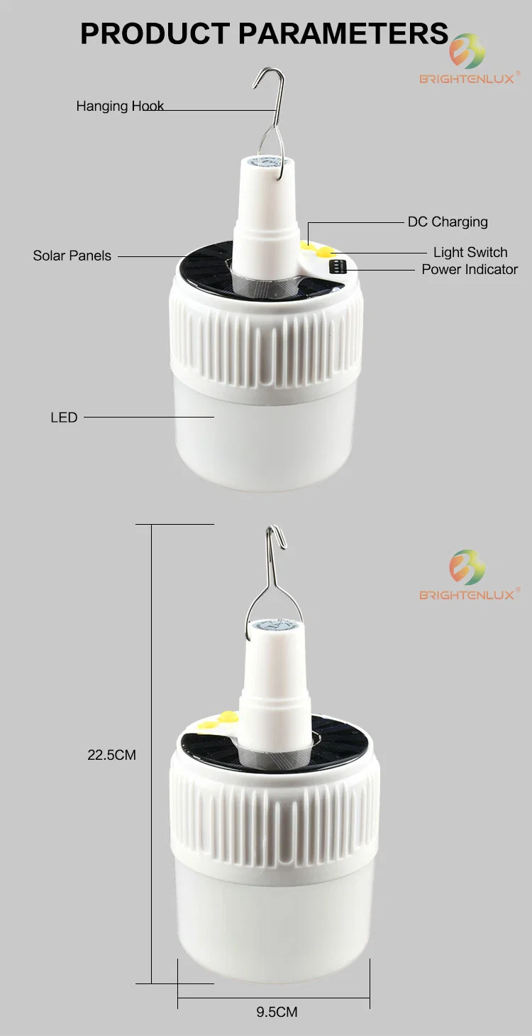 Brightenlux Logo Printing Plastic Material Solar Charging Multifunction Waterproof Camping Lantern with Hanging Hook